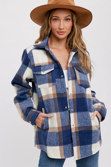 Plaid Brushed Flannel Shacket - Navy
