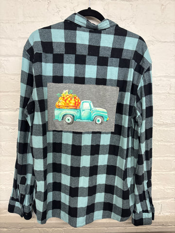 Repurposed Flannel Shirt with Truck + Pumpkins Patch