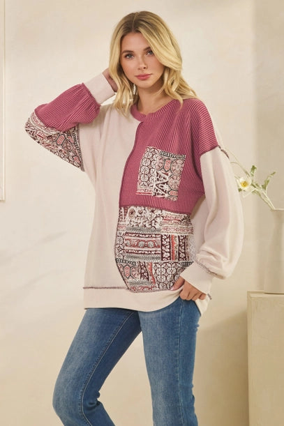 Patchwork Knit Pullover Top - Oatmeal + Burgundy