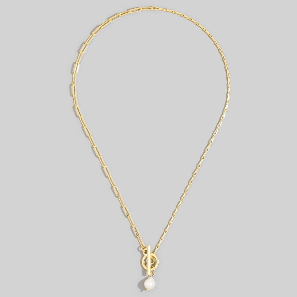Toggle Chain Pearl Charm Necklace: Gold