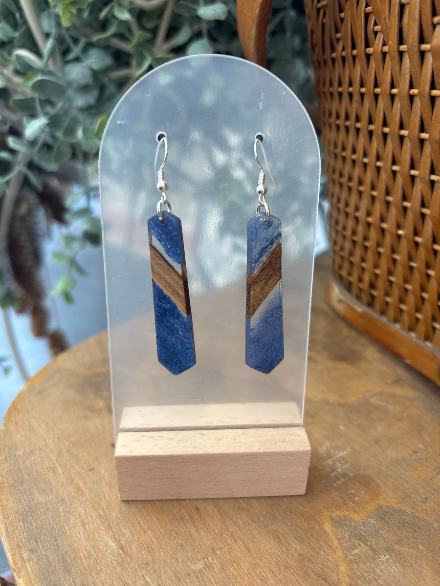 Smoky Blue & Wood Tie Resin Drop Earrings