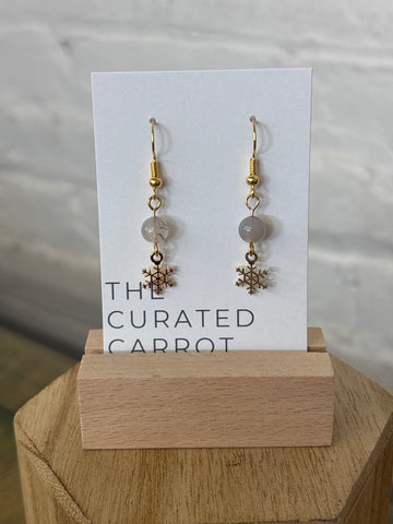 Gold Delicate Snowflake with Smoky Bead Drop Earrings