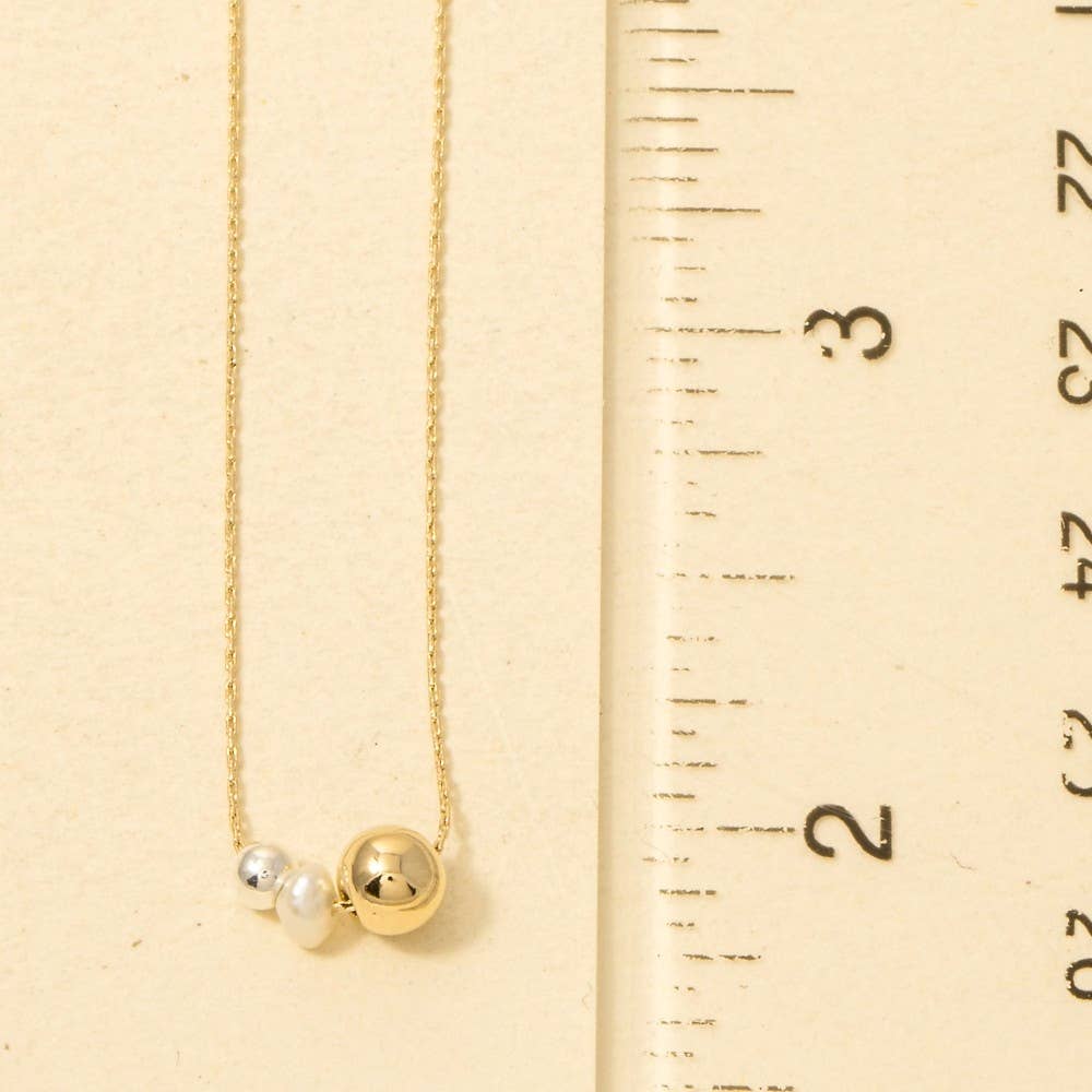 Mini Pearl And Metallic Station Charms Chain Necklace - Gold