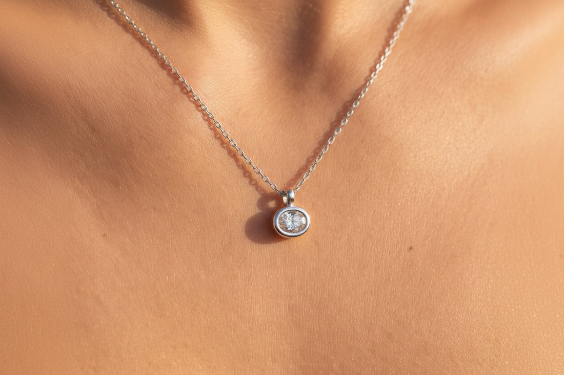 Dainty Oval Bezel Cz Pendant Necklace: Silver