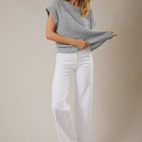 Crew Neck Cuffed Short Sleeve Top with Pocket - Light Grey