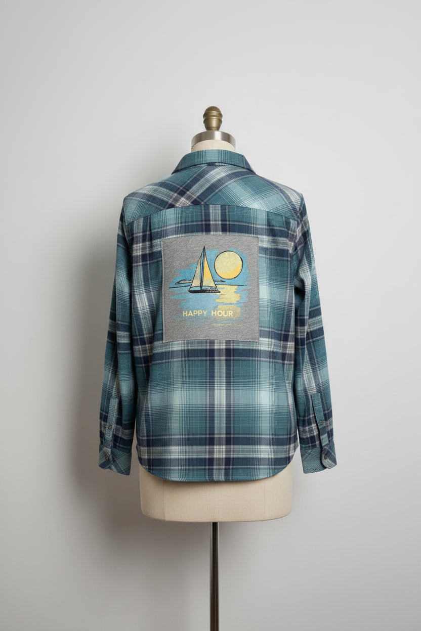 Repurposed Flannel Shirt with Happy Hour Patch