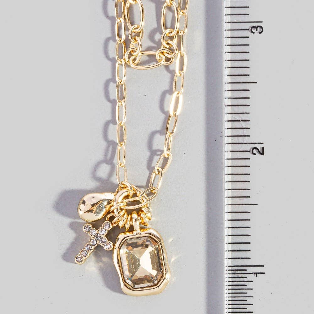 Crystal & Cross Charm Double Layer Link Chain Necklace: Gem