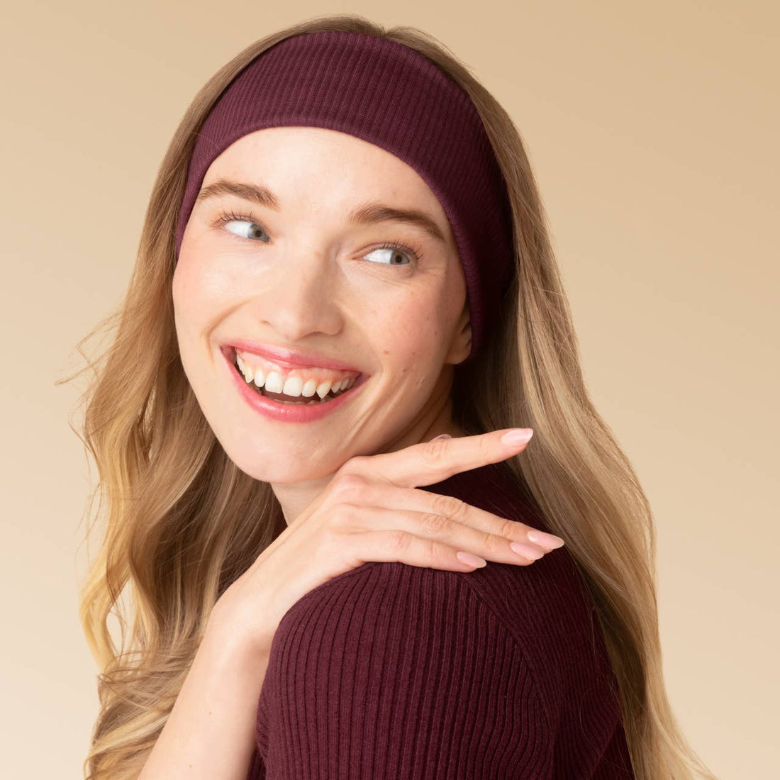 Recycled Fabric Ribbed Elastic Headbands 2pc Set - Cherry Lacquer & Dusty Pink