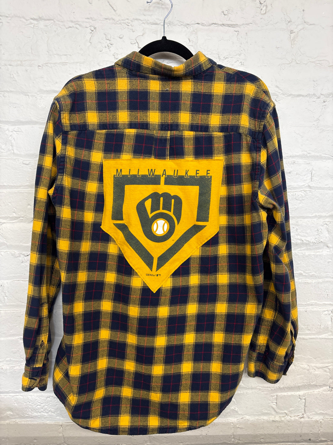 Repurposed Flannel Shirt with Yellow MKE Baseball Patch