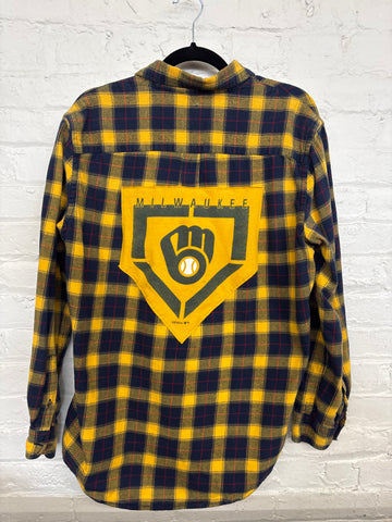 Repurposed Flannel Shirt with Yellow MKE Baseball Patch
