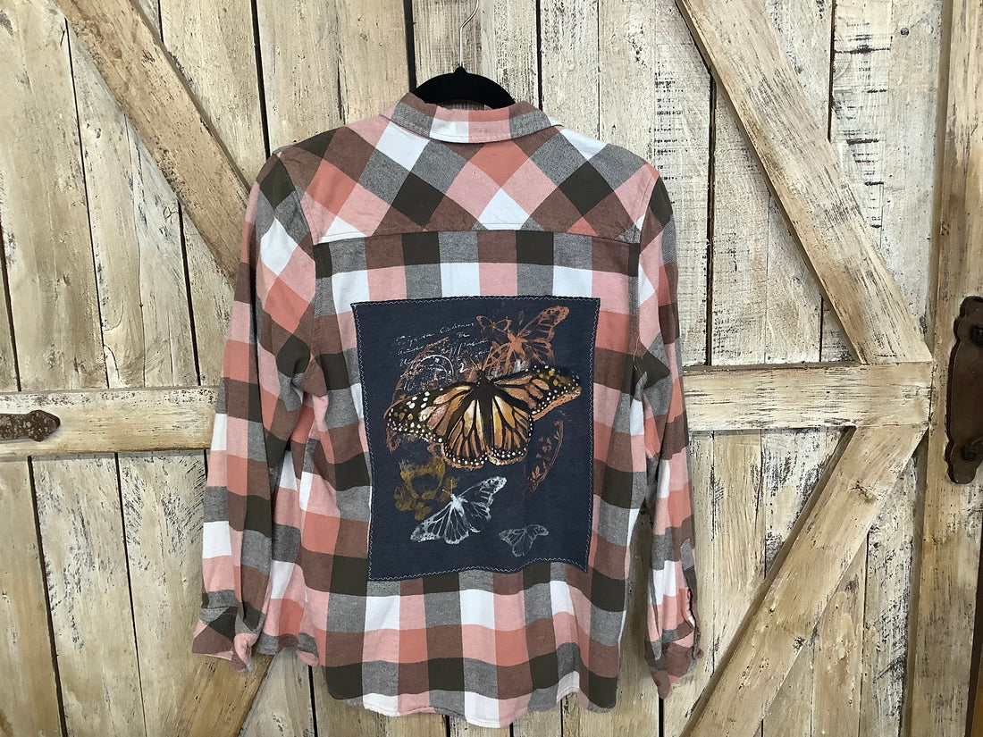 Repurposed Flannel Shirt with Orange Butterflies Patch