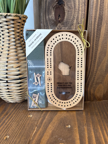 Wisconsin Mini Travel Cribbage Board Set: Fish Frys + Old Fashioneds