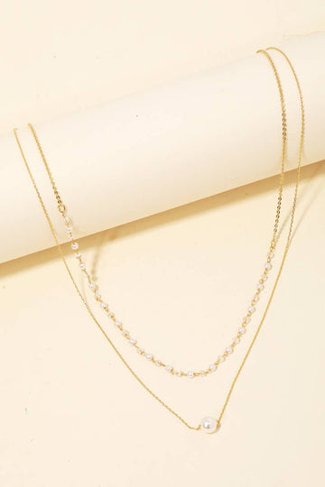 Dainty Layered Chain Pearl Bead Charm Necklace - Gold