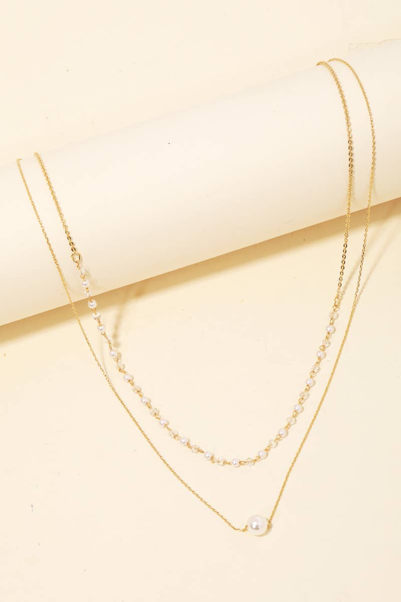 Dainty Layered Chain Pearl Bead Charm Necklace - Gold
