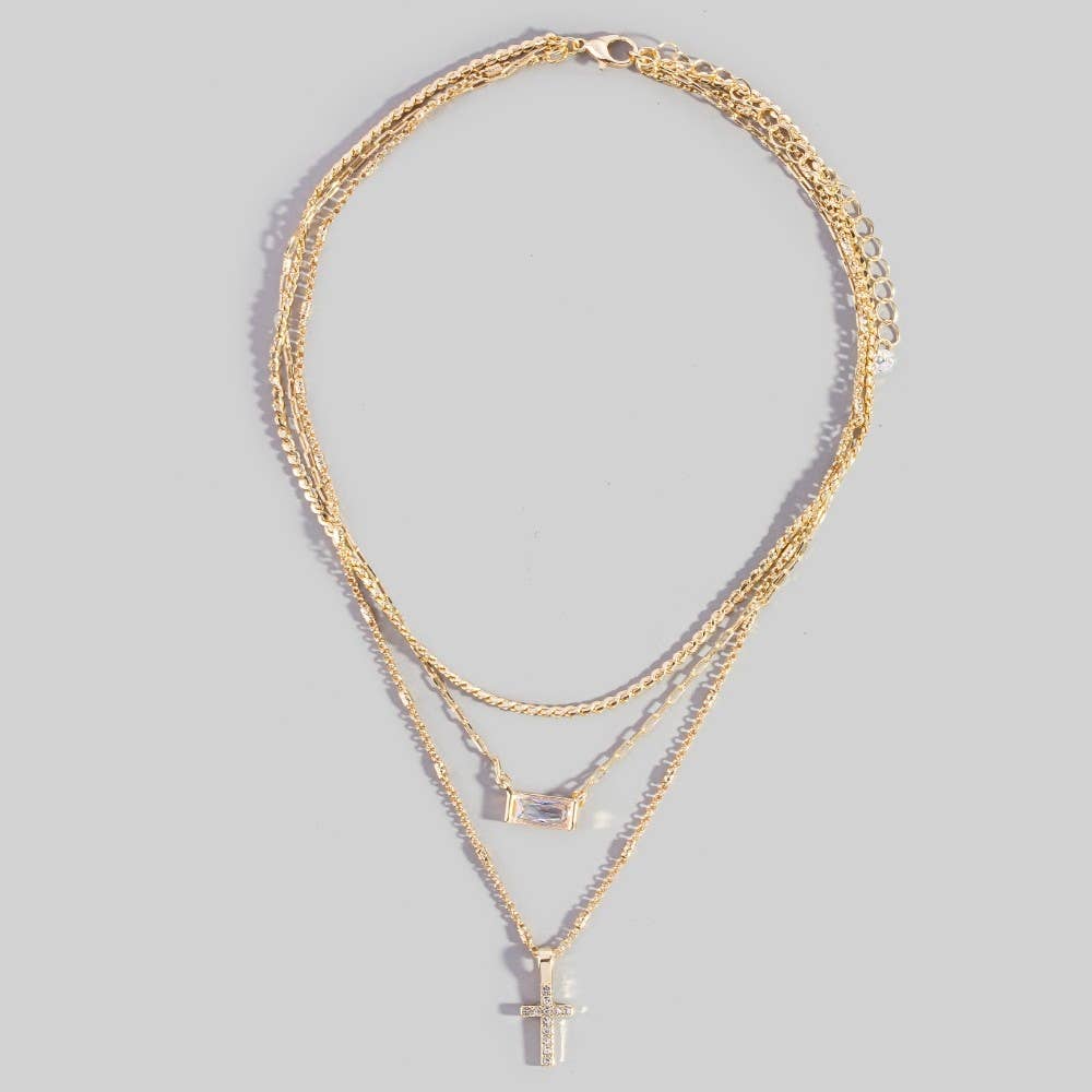 Triple Layered Chain Pave Cross Pendant Necklace: Gold