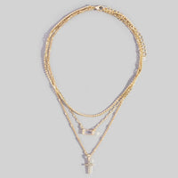 Triple Layered Chain Pave Cross Pendant Necklace: Gold