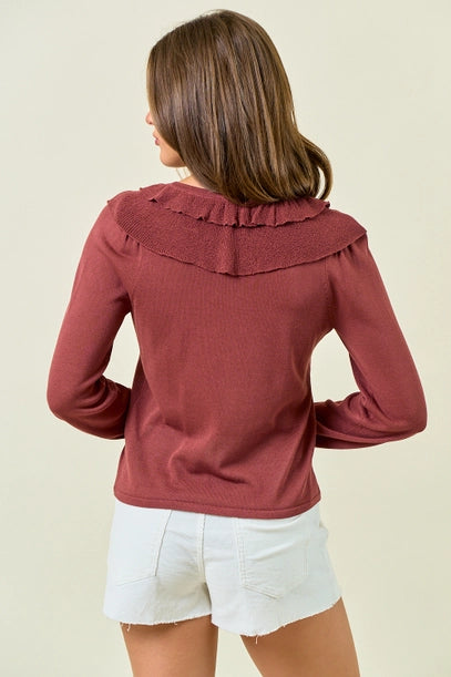 Ruffle Button Front Top - Maroon