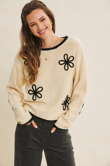 Floral Applique Sweater - Natural