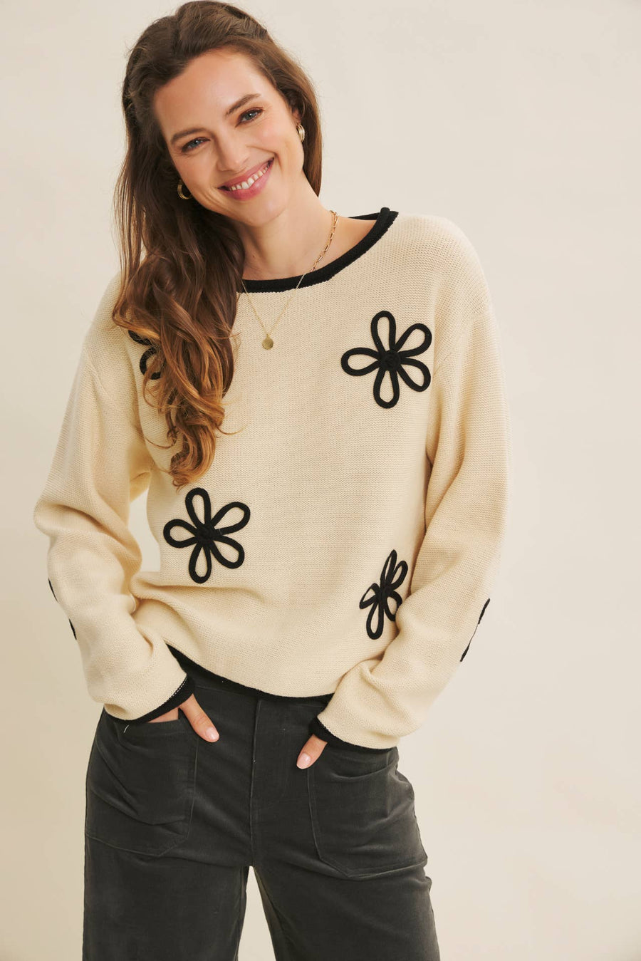 Floral Applique Sweater - Natural
