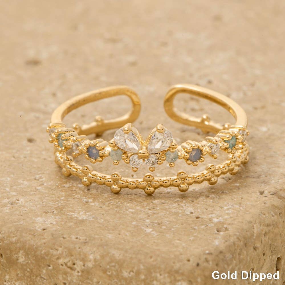 Gold Dipped Butterfly Cz Two Row Ring: Gold