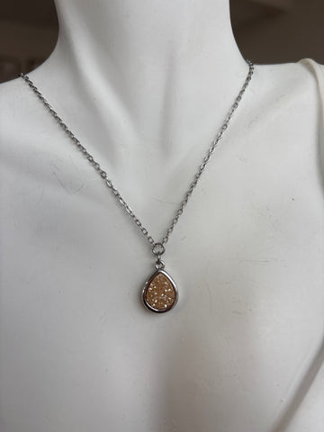 Silver Dainty Peach Teardrop Druzy Necklace