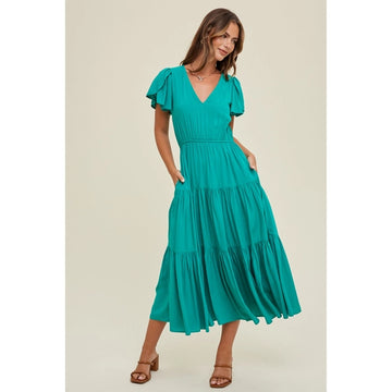 Tiered Midi Dress with Flutter Sleeve - Emerald
