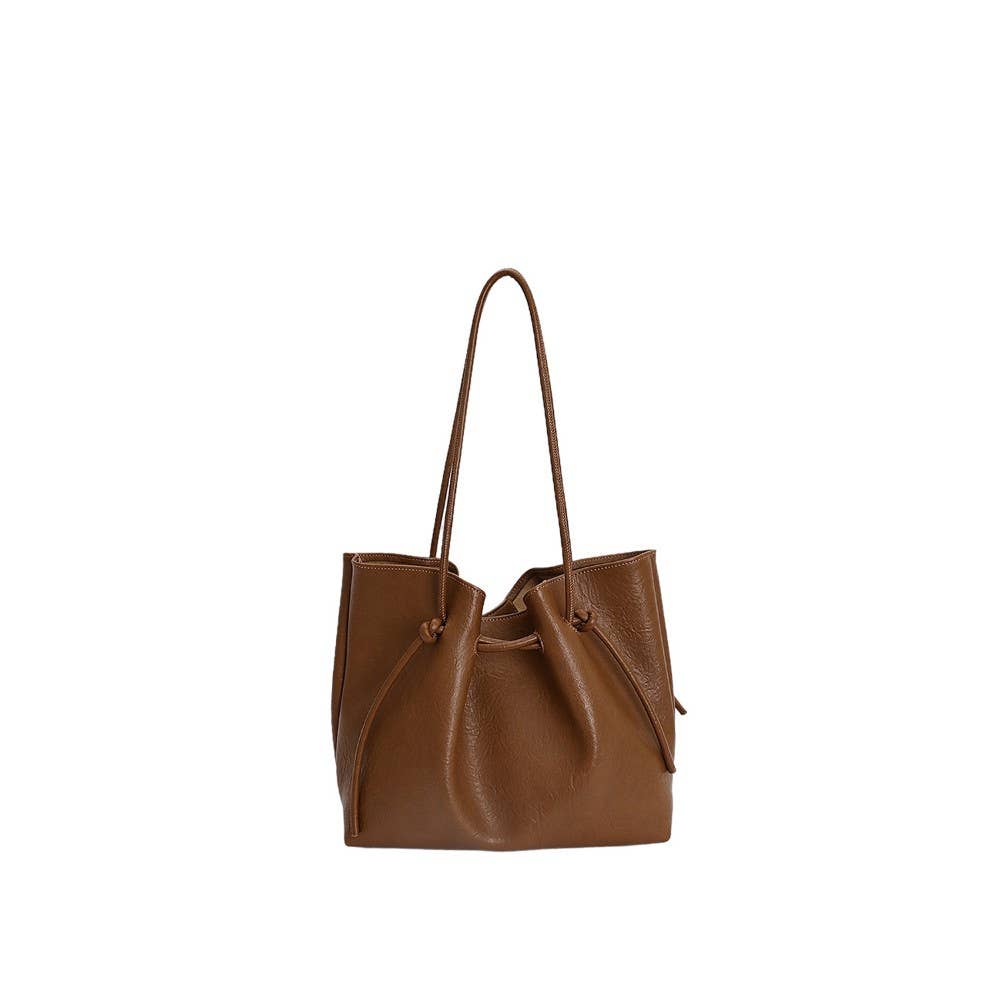 Slouchy Tote and Pouch Set with Knot Ties - Brown