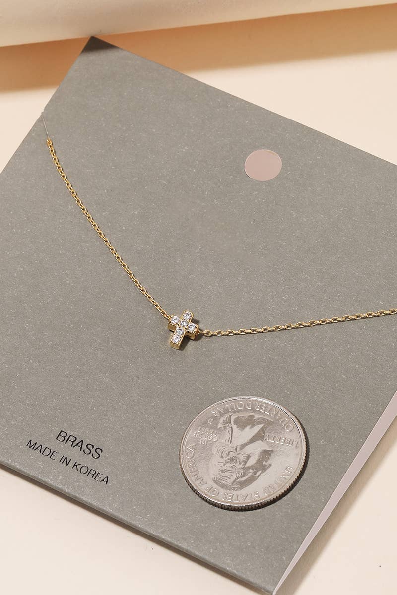 Mini Pave Cross Charm Necklace: Silver