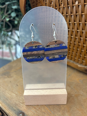 Multicolor & Wood Striped Round Resin Drop Earrings - Blue