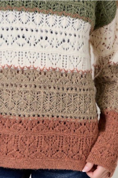 Color Blocked Pointelle Sweater - Latte Olive