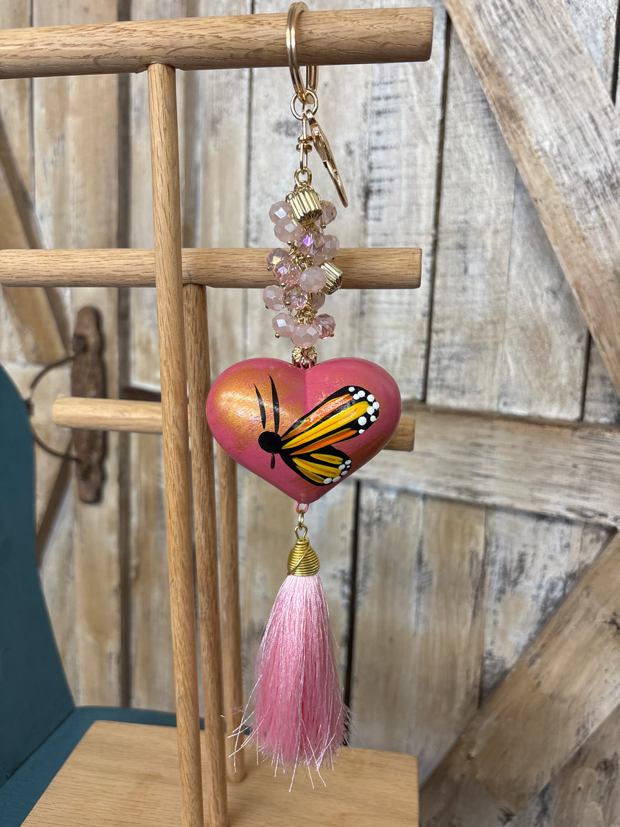 Pink Painted Heart Beaded Keychain With Tassel