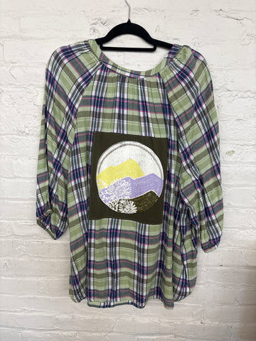 Repurposed Shirt with Flowers + Abstract Mountains Patch
