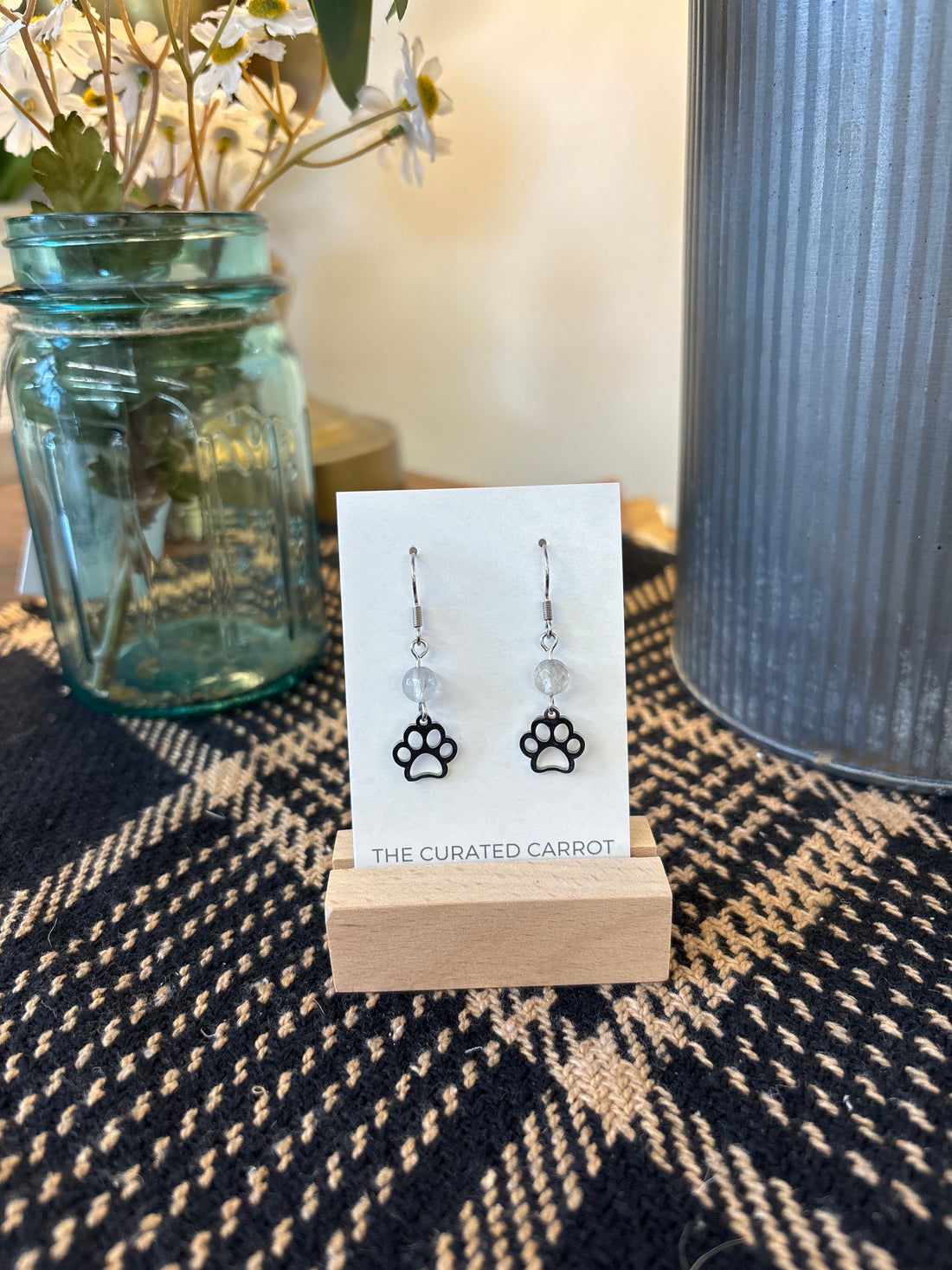 Silver Paw Print with Clear Bead Drop Earrings