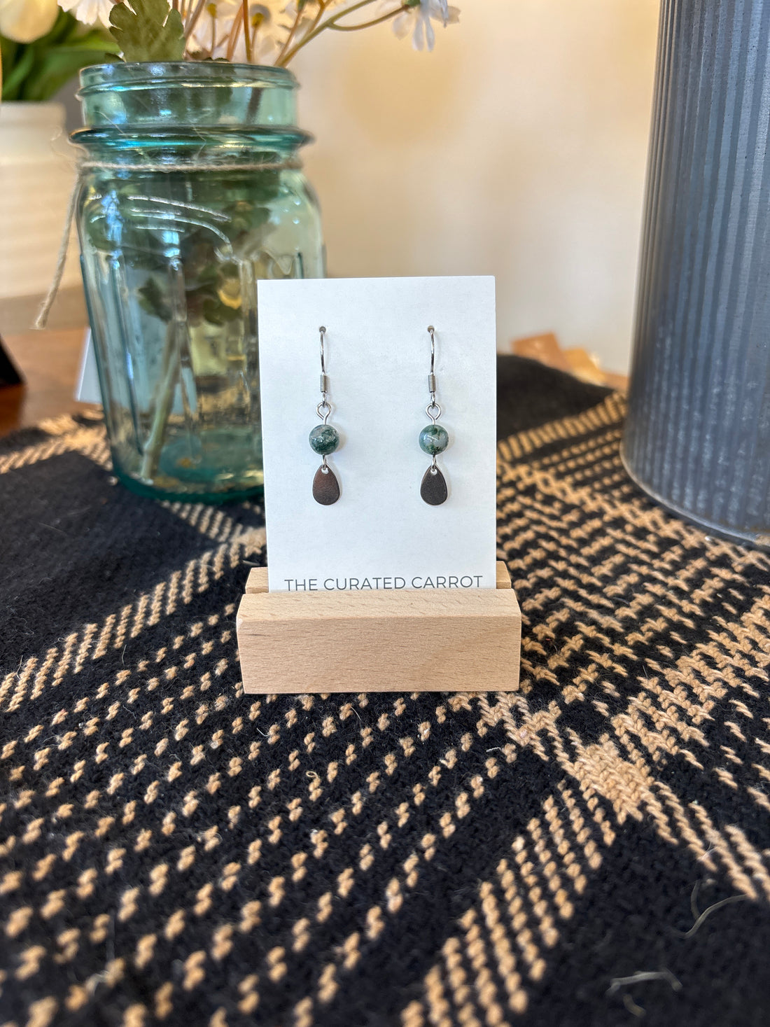 Silver Teardrop with Marbled Grey Bead Drop Earrings