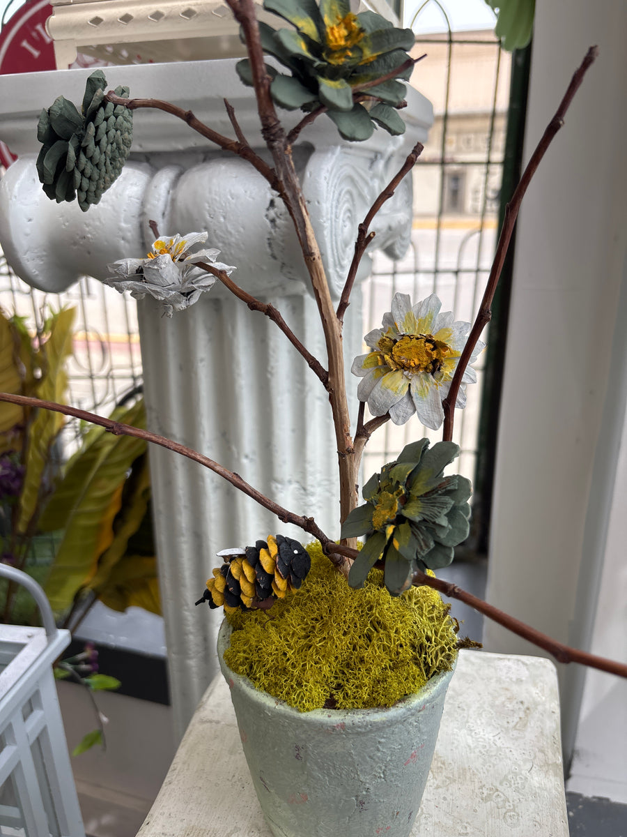 Green + White Bumblebee Pinecone Arrangement