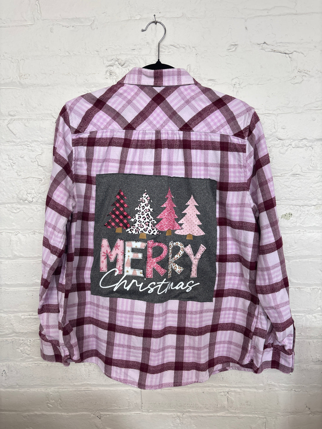 Repurposed Flannel with Pink Merry Christmas Patch