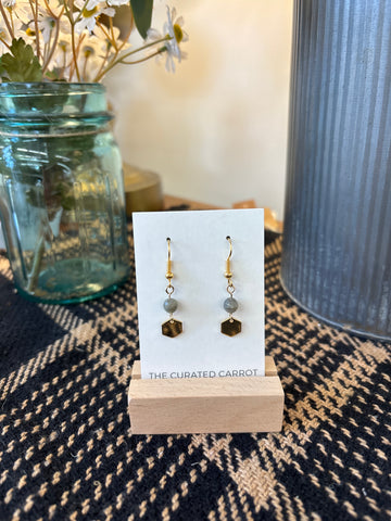 Gold Hexagon with Marbled Grey Bead Drop Earrings