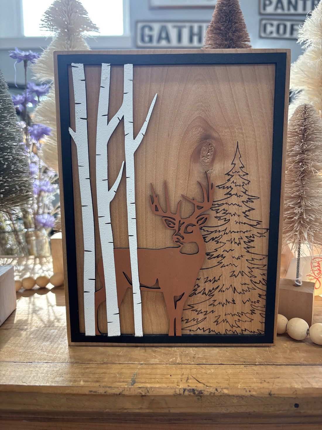 Deer In Birch Wooden Laser Sign