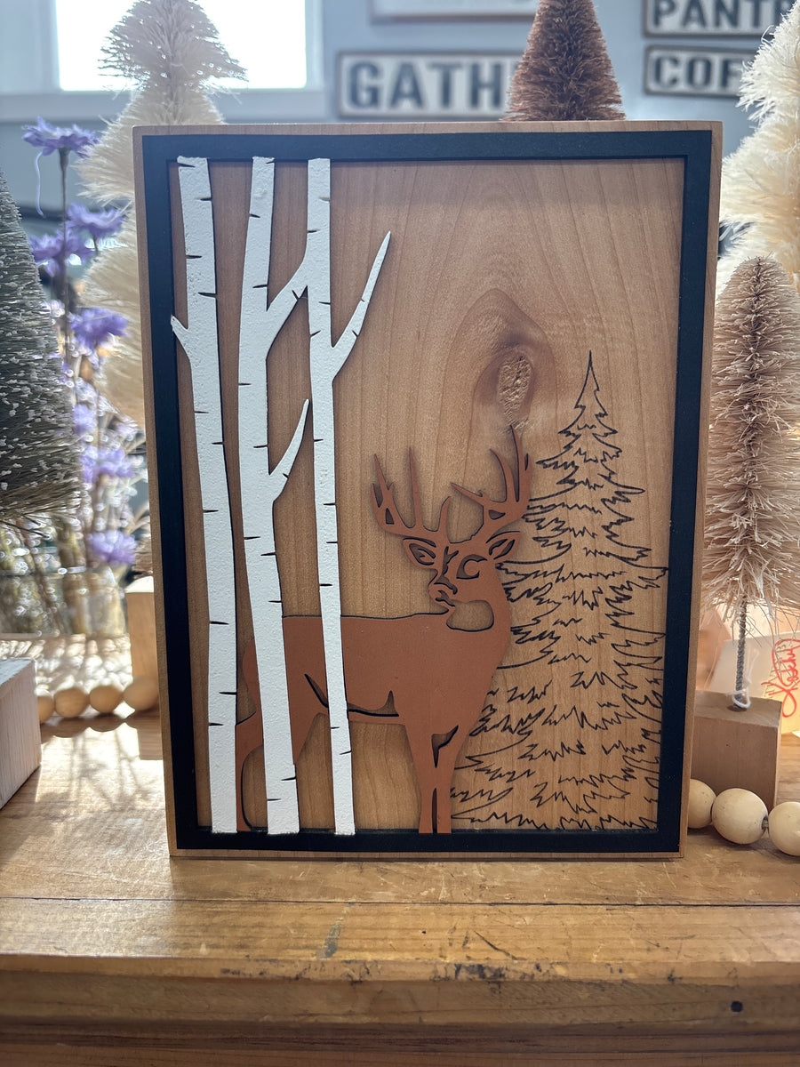 Deer In Birch Wooden Laser Sign