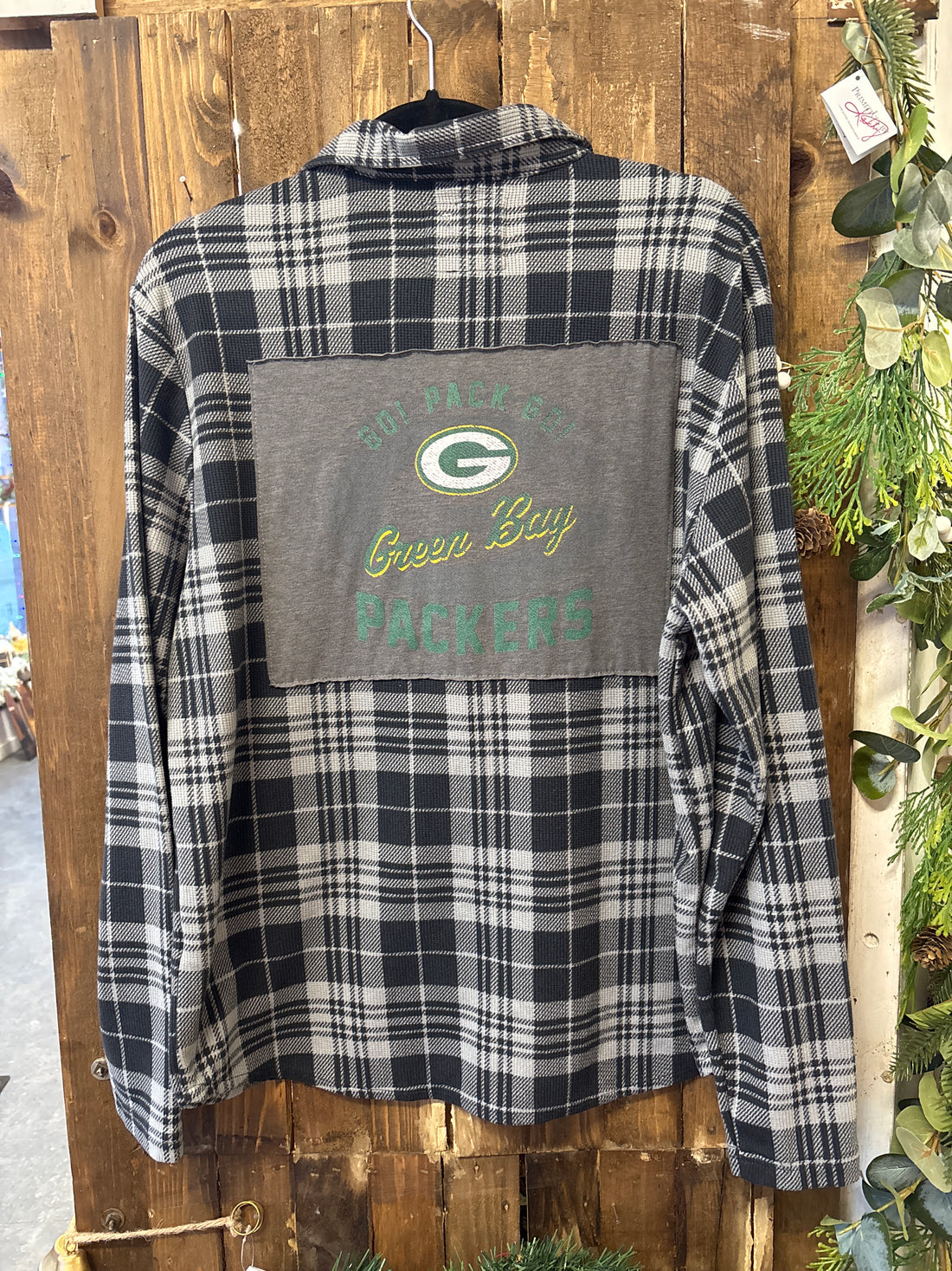 Repurposed Button Down Shirt with Gray Green Bay Patch
