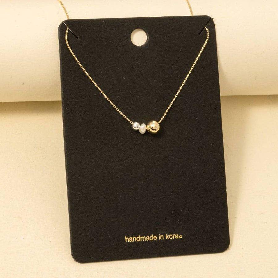 Mini Pearl And Metallic Station Charms Chain Necklace - Gold