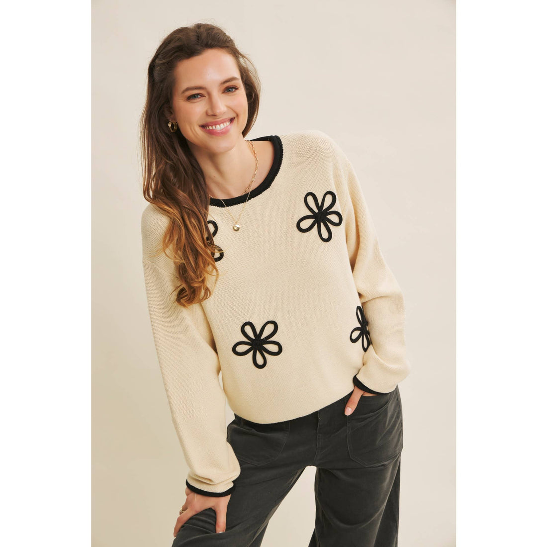 Floral Applique Sweater - Natural