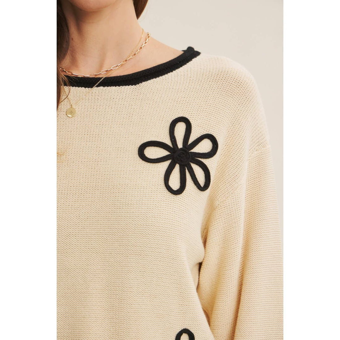 Floral Applique Sweater - Natural