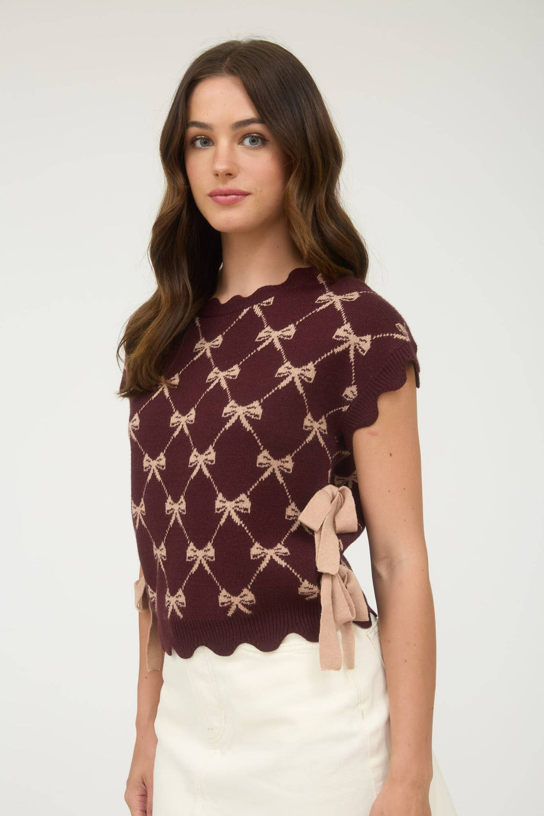 Bow Side Tie Knit Top - Burgundy