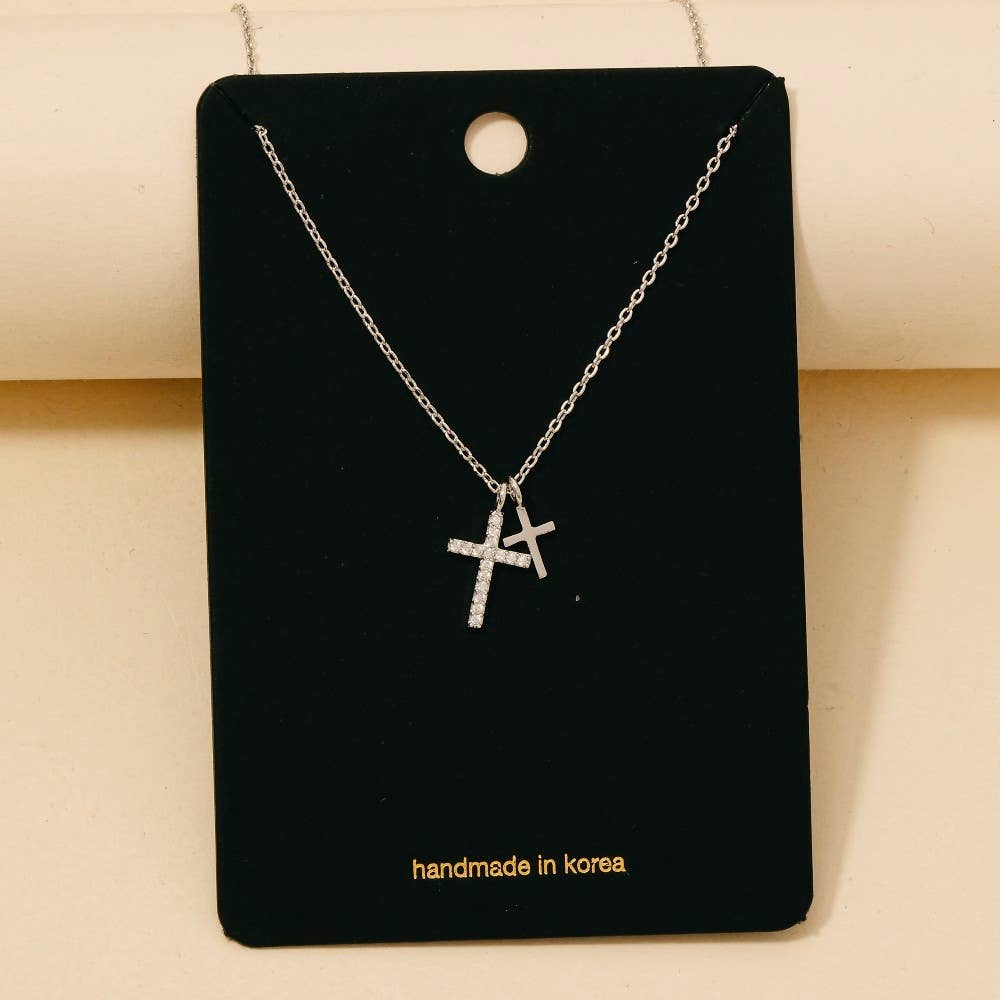 Cubic Zirconia Pave Double Cross Pendant Necklace: Silver