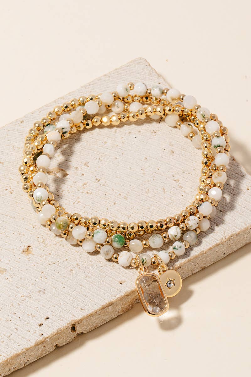 Rectangle Gem And Disc Charm Beaded Bracelet Set