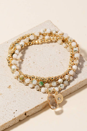 Rectangle Gem And Disc Charm Beaded Bracelet Set