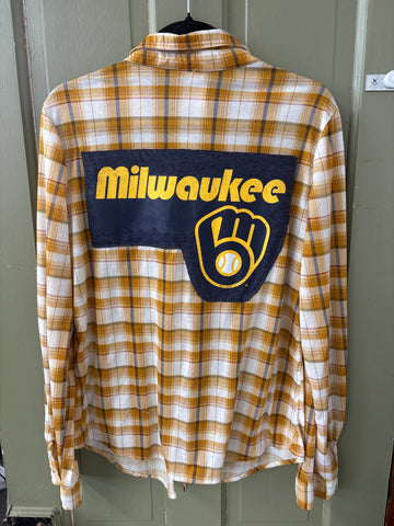 Repurposed Flannel Shirt with Milwaukee Baseball Patch