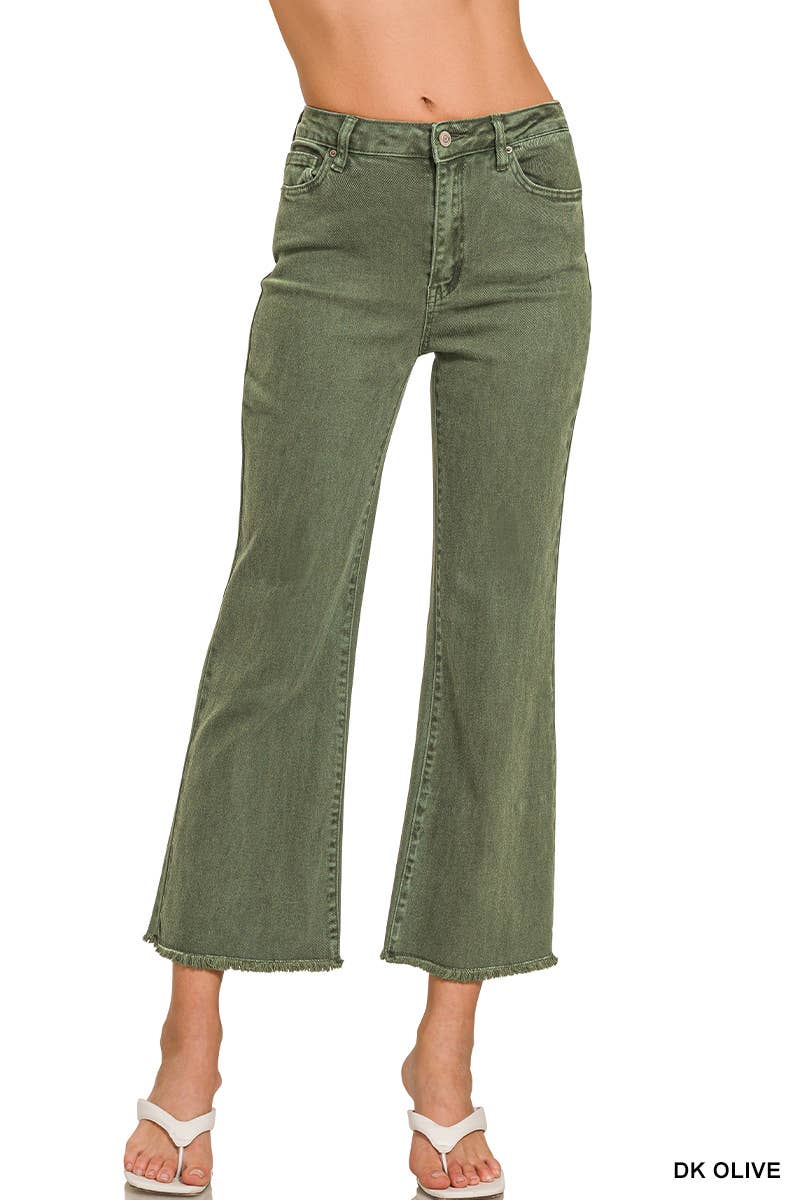 Acid Washed High Waist Frayed Hem Bootcut Pants - Olive
