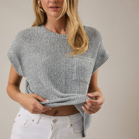 Crew Neck Cuffed Short Sleeve Top with Pocket - Light Grey